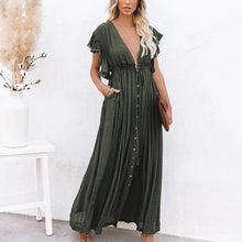 Casual Loose Ruffles Long Dress Women Deep V-neck Lace Up Maxi Dresses