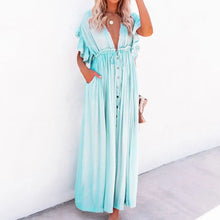 Casual Loose Ruffles Long Dress Women Deep V-neck Lace Up Maxi Dresses