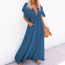 Casual Loose Ruffles Long Dress Women Deep V-neck Lace Up Maxi Dresses