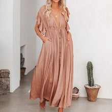 Casual Loose Ruffles Long Dress Women Deep V-neck Lace Up Maxi Dresses