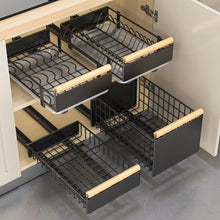 Pull Out Dish Rack with Wooden Handle and Drain Tray