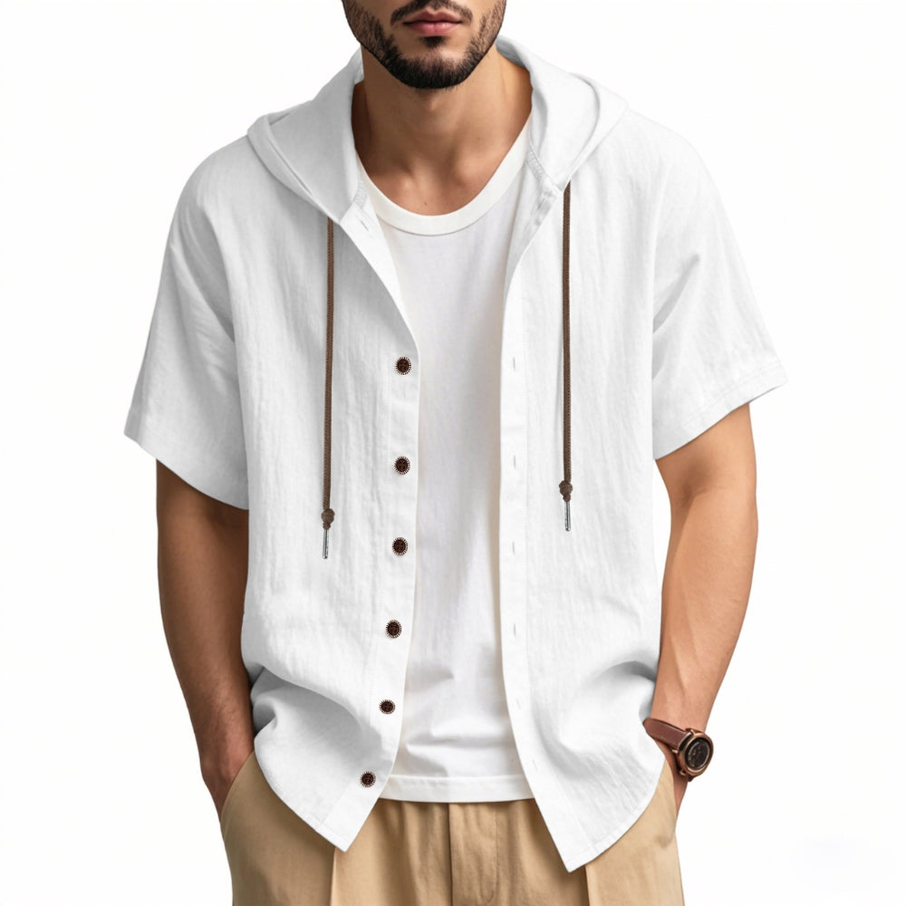 Breathable Loose Fit Short Sleeve Lightweight Linen Hooded Shirt