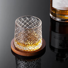 Rotatable Crystal Whiskey Glass with Wood Coaster
