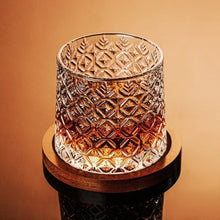 Rotatable Crystal Whiskey Glass with Wood Coaster