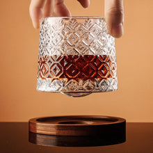 Rotatable Crystal Whiskey Glass with Wood Coaster