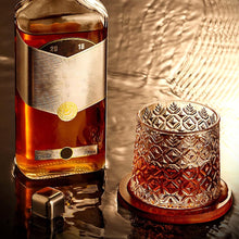 Rotatable Crystal Whiskey Glass with Wood Coaster