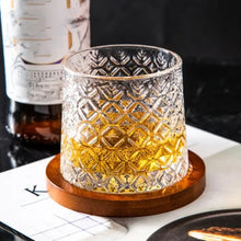 Rotatable Crystal Whiskey Glass with Wood Coaster