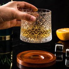 Rotatable Crystal Whiskey Glass with Wood Coaster