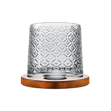 Rotatable Crystal Whiskey Glass with Wood Coaster