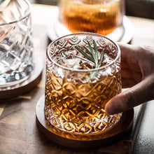Rotatable Crystal Whiskey Glass with Wood Coaster