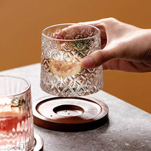 Rotatable Crystal Whiskey Glass with Wood Coaster