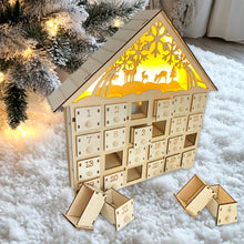 Wooden Christmas Advent Calendar LED Light House Countdown with 24 Drawers