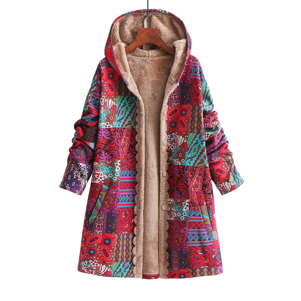 Colorful Print Warm Fleece Hooded Coat