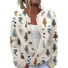 Women's Casual Knitted Cat Print Button Front Cardigan Sweater