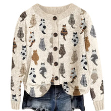 Women's Casual Knitted Cat Print Button Front Cardigan Sweater