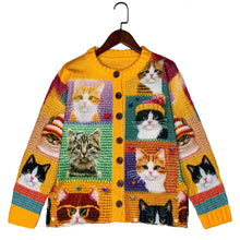 Women's Long Sleeve Button Front Cardigan Sweater with Cat Pattern