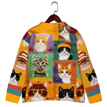 Women's Long Sleeve Button Front Cardigan Sweater with Cat Pattern
