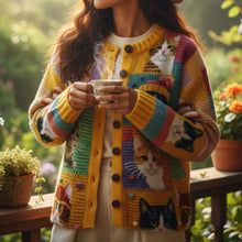 Women's Long Sleeve Button Front Cardigan Sweater with Cat Pattern