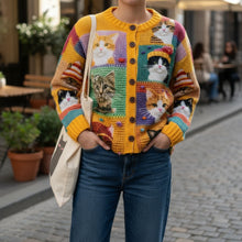 Women's Long Sleeve Button Front Cardigan Sweater with Cat Pattern