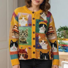 Women's Long Sleeve Button Front Cardigan Sweater with Cat Pattern