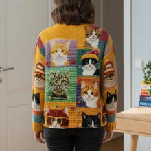 Women's Long Sleeve Button Front Cardigan Sweater with Cat Pattern