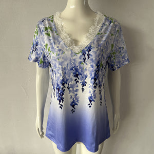 Floral Shoulder Printed V-neck Lace Short-sleeved T-shirt