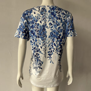 Floral Shoulder Printed V-neck Lace Short-sleeved T-shirt