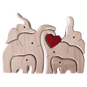 Wooden Family Building Blocks Elephant Statues Decor