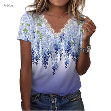 Floral Shoulder Printed V-neck Lace Short-sleeved T-shirt
