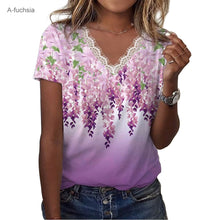 Floral Shoulder Printed V-neck Lace Short-sleeved T-shirt