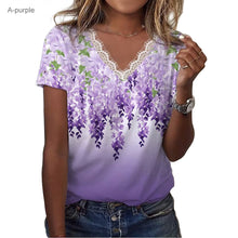 Floral Shoulder Printed V-neck Lace Short-sleeved T-shirt