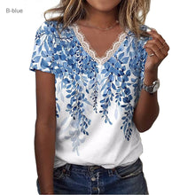 Floral Shoulder Printed V-neck Lace Short-sleeved T-shirt