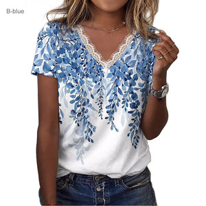 Floral Shoulder Printed V-neck Lace Short-sleeved T-shirt
