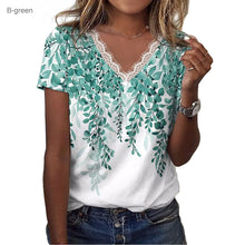 Floral Shoulder Printed V-neck Lace Short-sleeved T-shirt