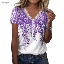 Floral Shoulder Printed V-neck Lace Short-sleeved T-shirt