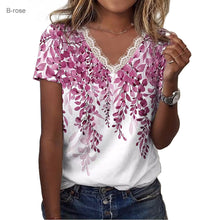 Floral Shoulder Printed V-neck Lace Short-sleeved T-shirt