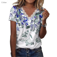Floral Shoulder Printed V-neck Lace Short-sleeved T-shirt