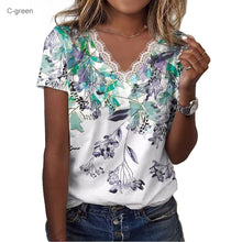 Floral Shoulder Printed V-neck Lace Short-sleeved T-shirt