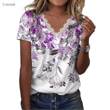 Floral Shoulder Printed V-neck Lace Short-sleeved T-shirt