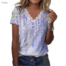 Floral Shoulder Printed V-neck Lace Short-sleeved T-shirt