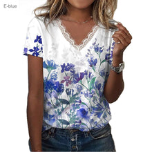Floral Shoulder Printed V-neck Lace Short-sleeved T-shirt