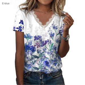 Floral Shoulder Printed V-neck Lace Short-sleeved T-shirt