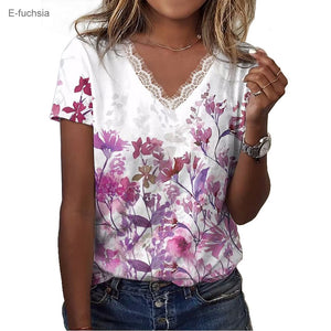 Floral Shoulder Printed V-neck Lace Short-sleeved T-shirt