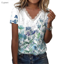 Floral Shoulder Printed V-neck Lace Short-sleeved T-shirt