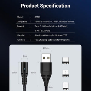 3-in-1 Magnetic Fast Charging USB Cable for IOS Android Type-c