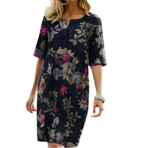 Women's Floral Print Neck Half Sleeve Vintage Dress_2