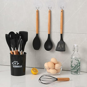 12Pcs Wooden Handles Silicone Cooking Kitchen Utensils Set_9