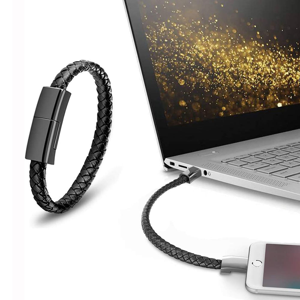 22.5cm Braided Cord USB Data Transfer Leather Charging Cable_0
