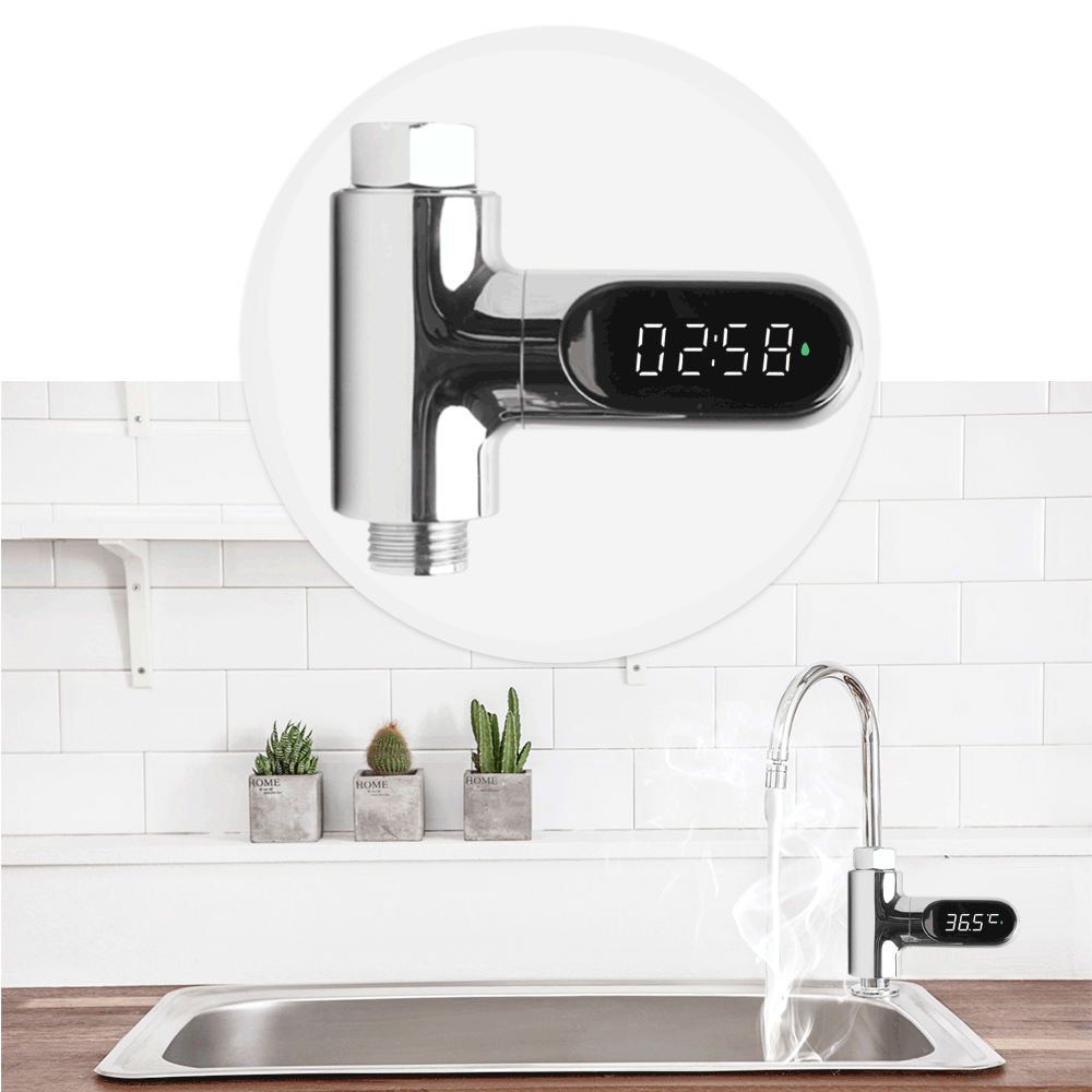 V2 Water Shower Thermometer LED Celsius Fahrenheit Time Display Flow Self-Generating Water Temperature Meter - Groupy Buy