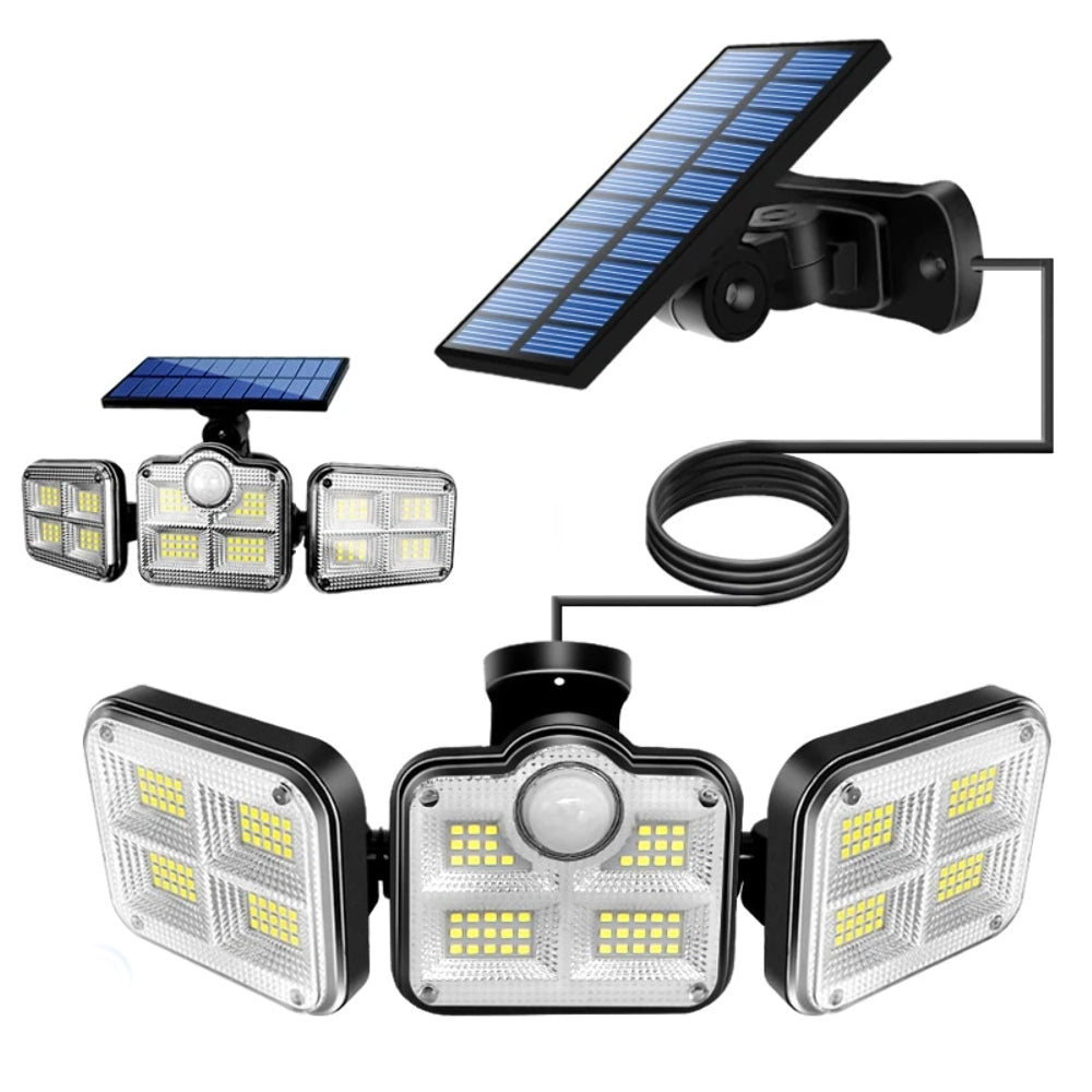 Solar Powered Three Head Motion Sensor Outdoor Solar Light 270 ° Wide Angle Wall Remote Lamp